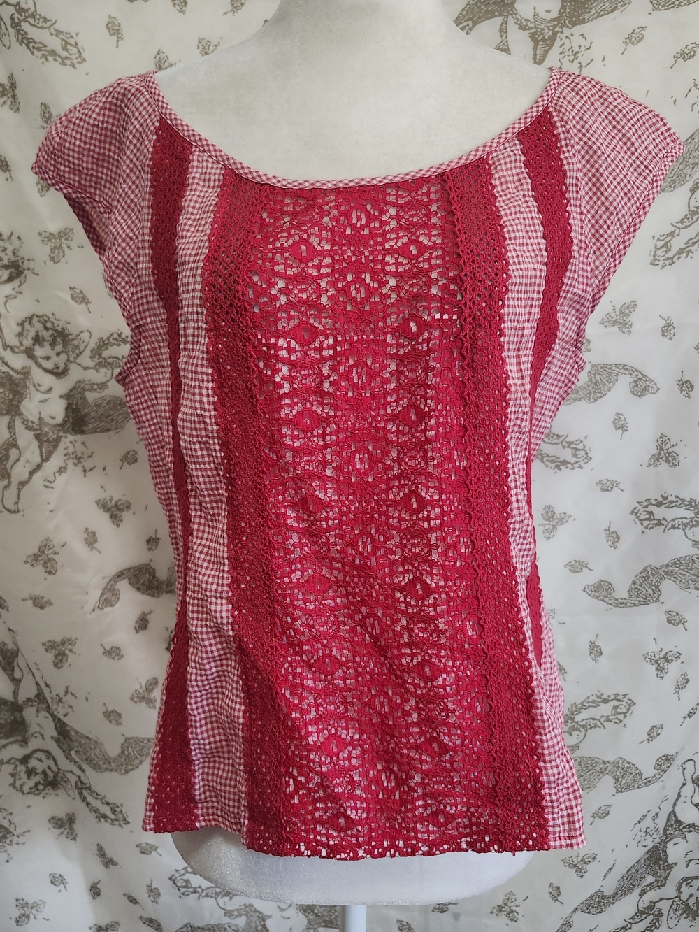 Y2k Nanette Lepore Pink & Red Crochet Front Cap Sleeve Top 10